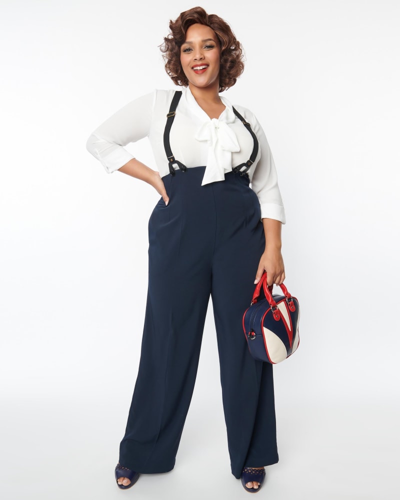 Unique Vintage Navy High Waist Suspender Pants | Blue